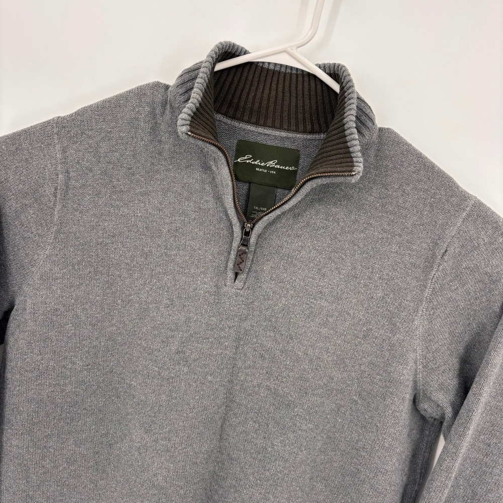 Eddie Bauer Quarter Zip Sweater Mens TXL Grey Excellent Cotton Mock Neck Tall